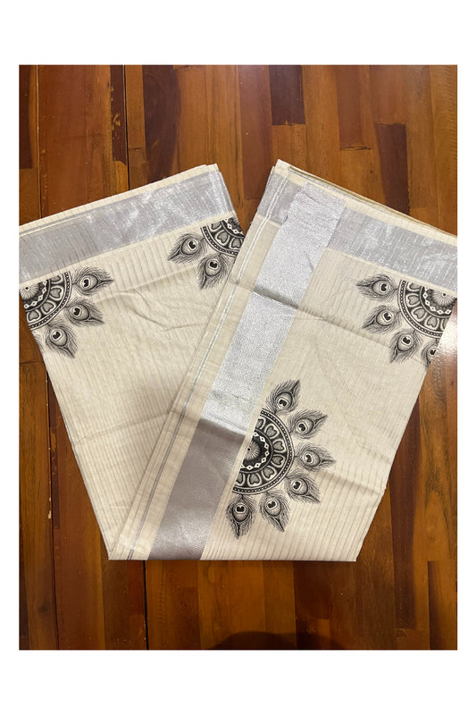 Pure Cotton Kerala Silver Kasavu Lines Design Saree with Semi Circle Feather Mural Prints (Onam Saree 2023)