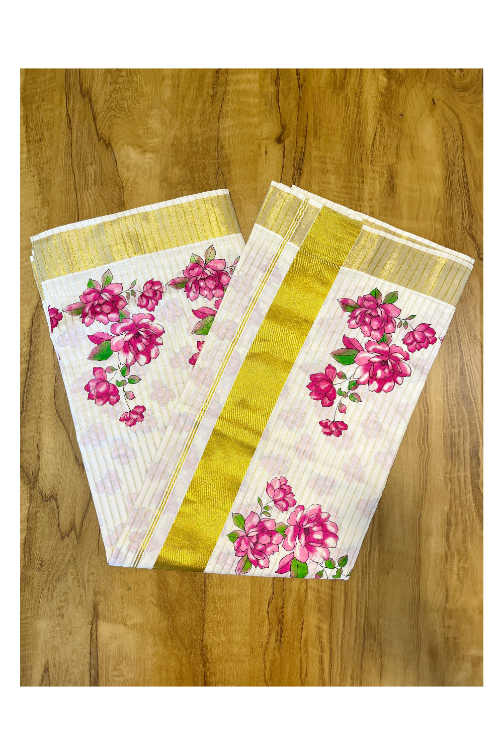 Kerala Pure Cotton Kasavu Lines Saree With Pink Floral Works on Border