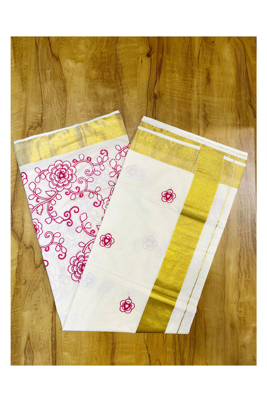 Southloom Kerala Cotton Kasavu Saree with Pink and White Floral Embroidery Designs