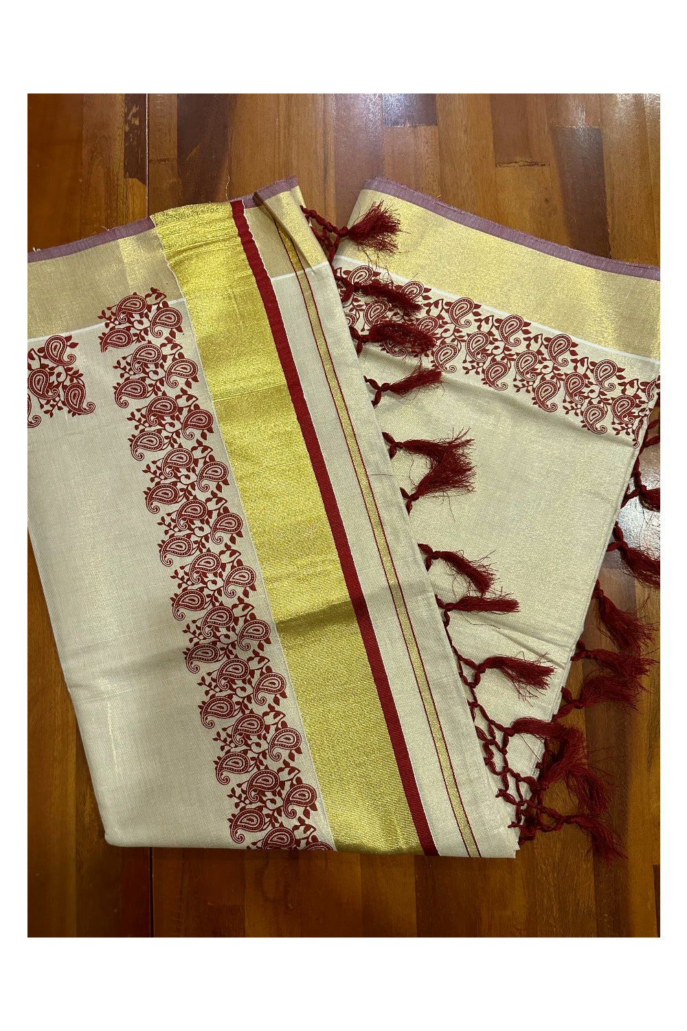 Kerala Tissue Kasavu Saree with Maroon Paisley Block Prints and Tassels Works on Pallu (Onam Saree 2023)