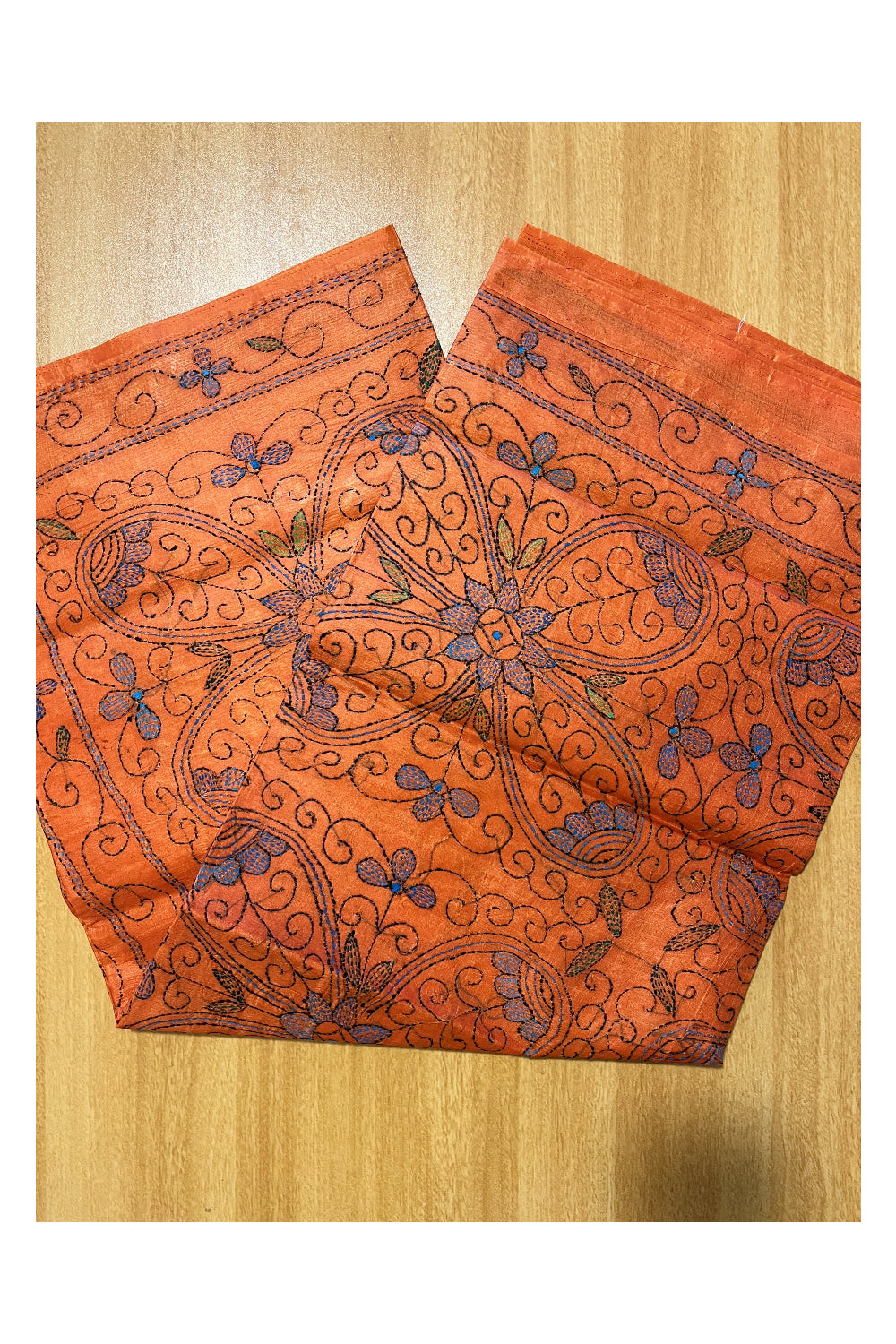 Southloom Kantha Thread Work Designer Orange Saree