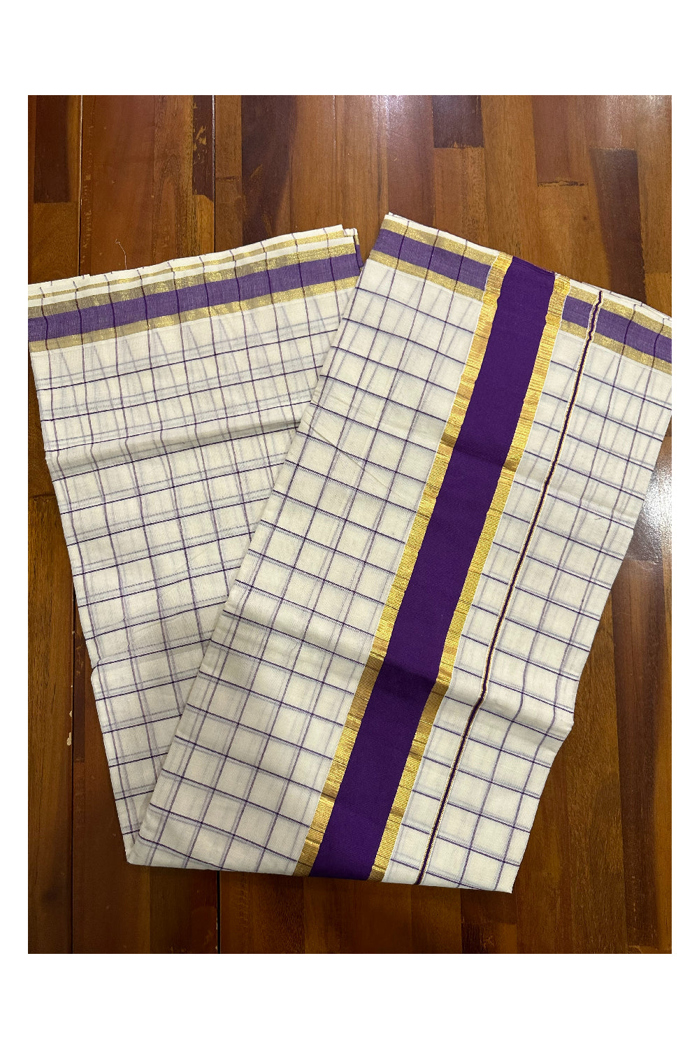 Kerala Woven Check Design Saree with Kasavu and Violet Border (Onam Saree 2023)