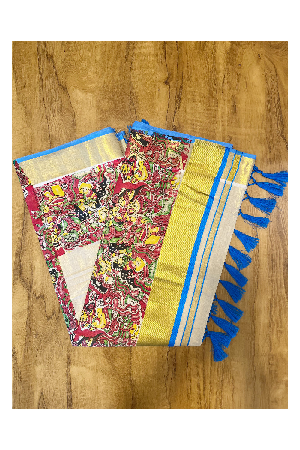 Kerala Tissue Kasavu Saree with Mural Art Printed Design and Blue Border