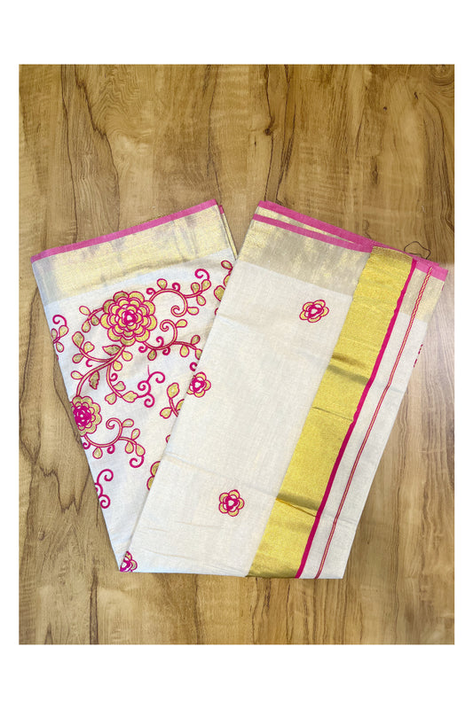 Kerala Tissue Kasavu Saree With Pink and Golden Floral Embroidery Works