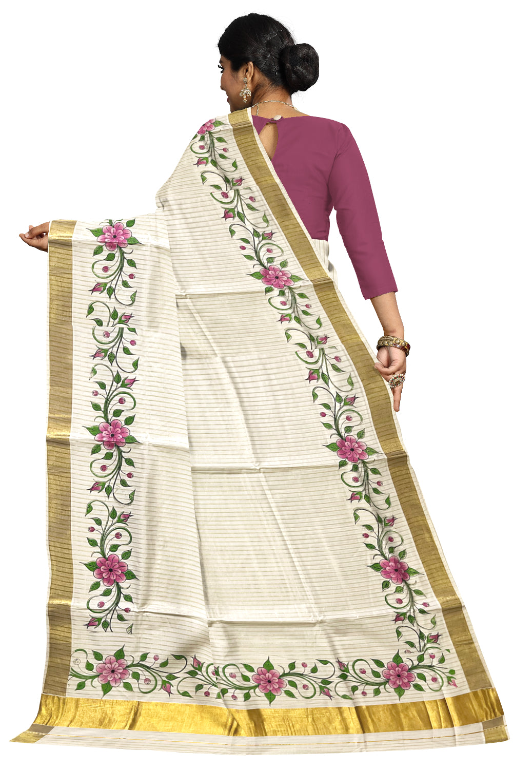 Pure Cotton Kerala Kasavu Lines Design and Pink Floral Block Printed Saree