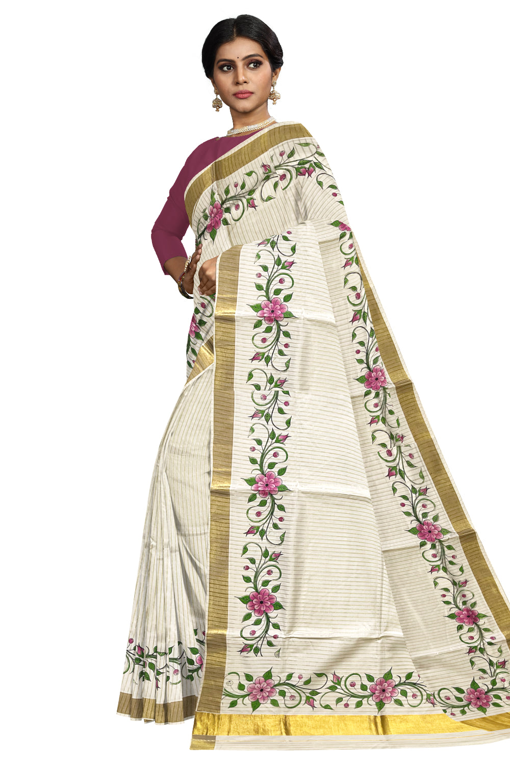 Pure Cotton Kerala Kasavu Lines Design and Pink Floral Block Printed Saree