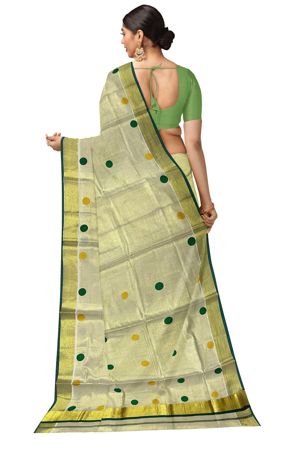 Kerala Tissue Kasavu Saree with Light Green and Golden Polka Prints and Tassels Works