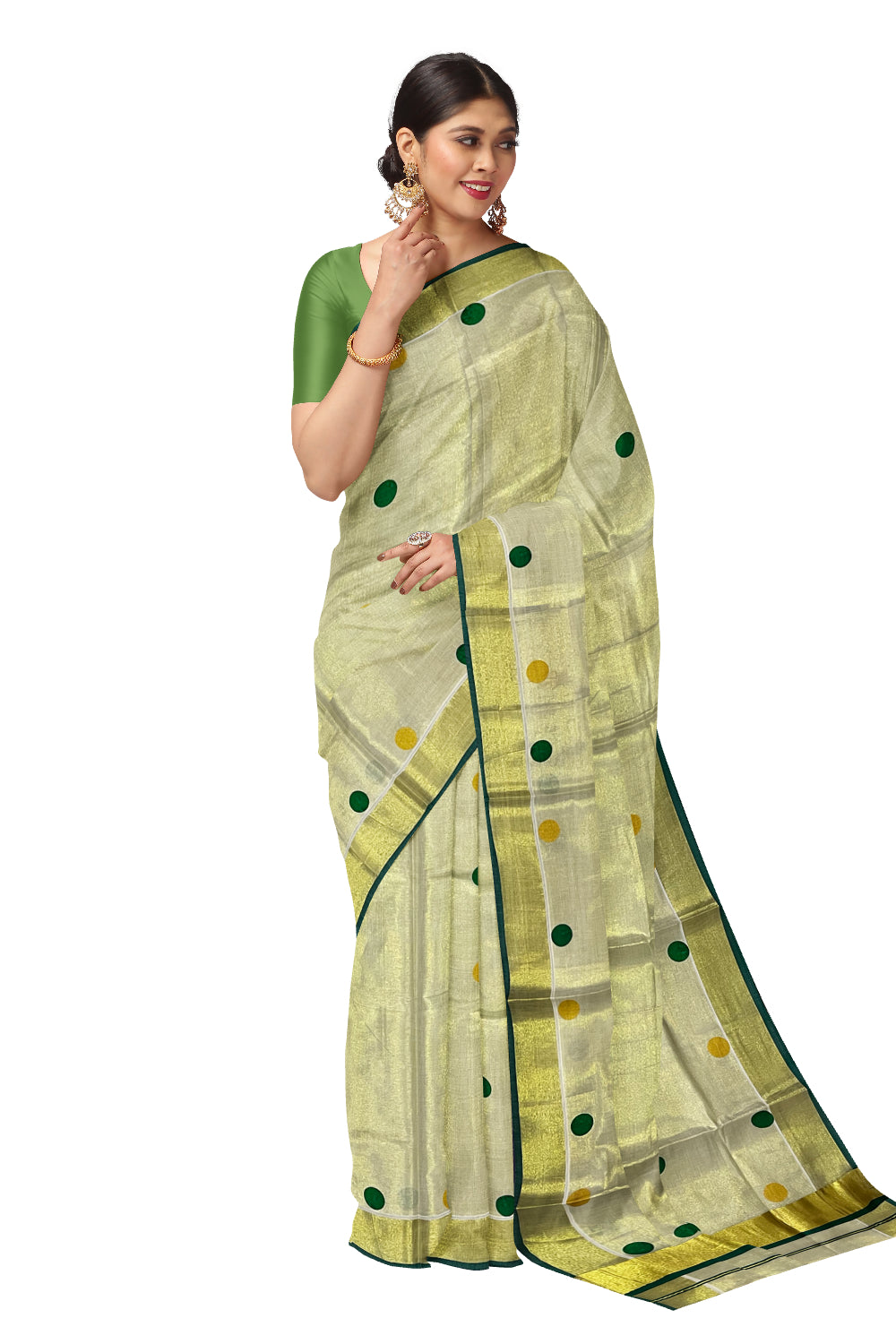 Kerala Tissue Kasavu Saree with Light Green and Golden Polka Prints and Tassels Works