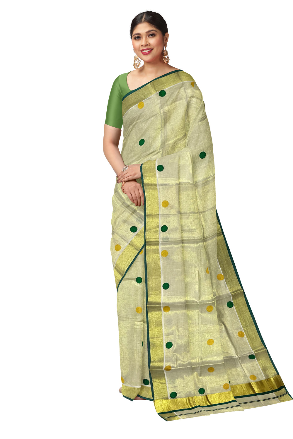 Kerala Tissue Kasavu Saree with Light Green and Golden Polka Prints and Tassels Works