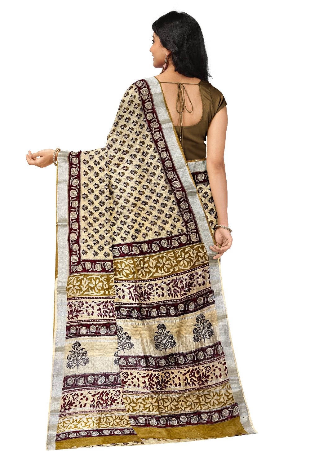 Southloom Linen Light Brown Designer Saree with Floral Prints