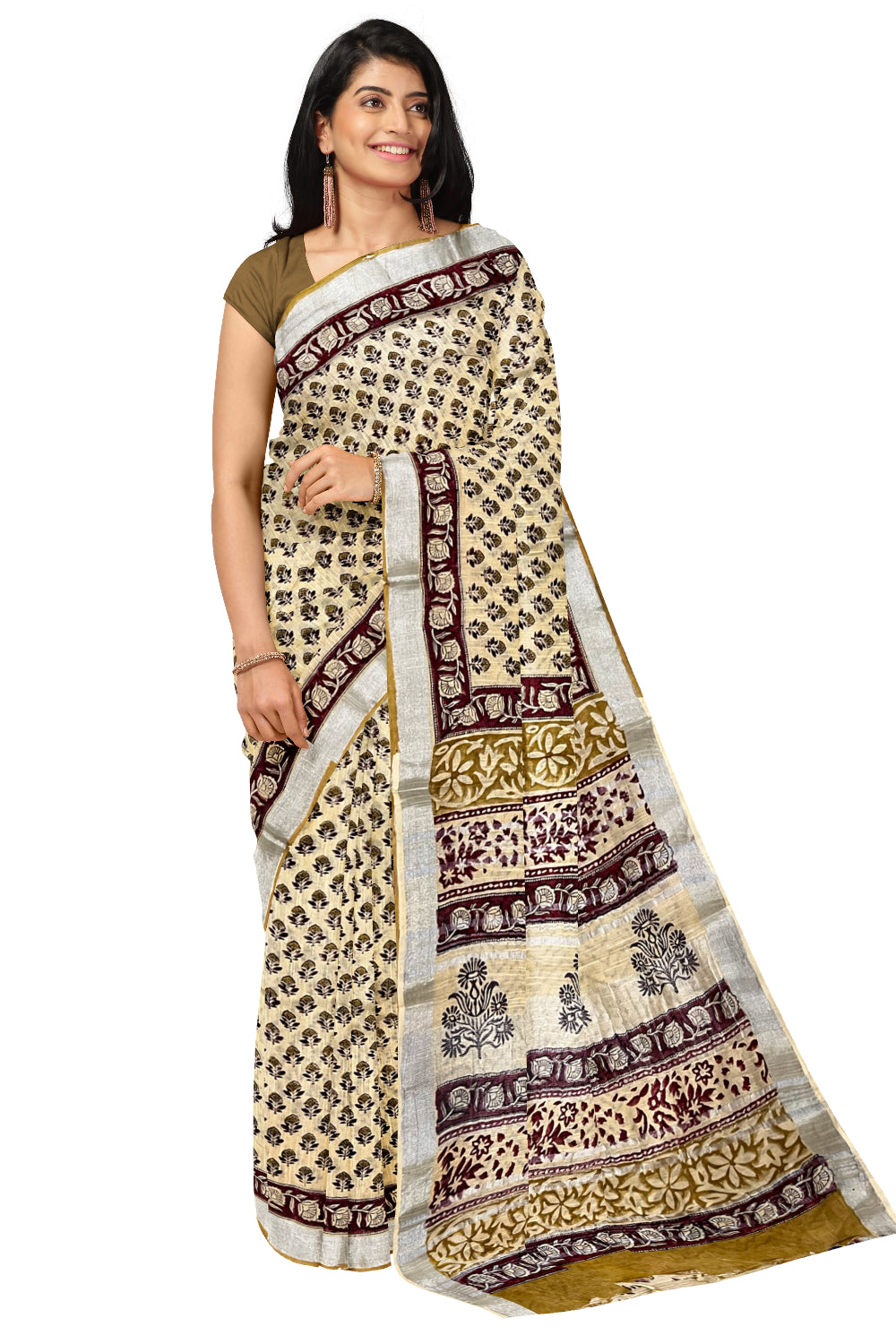 Southloom Linen Light Brown Designer Saree with Floral Prints