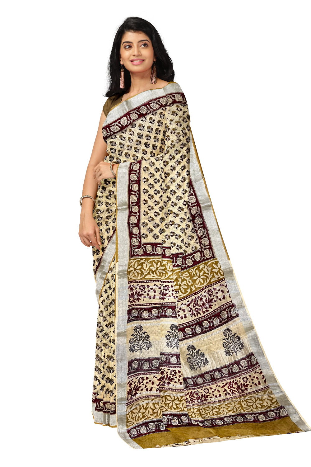 Southloom Linen Light Brown Designer Saree with Floral Prints