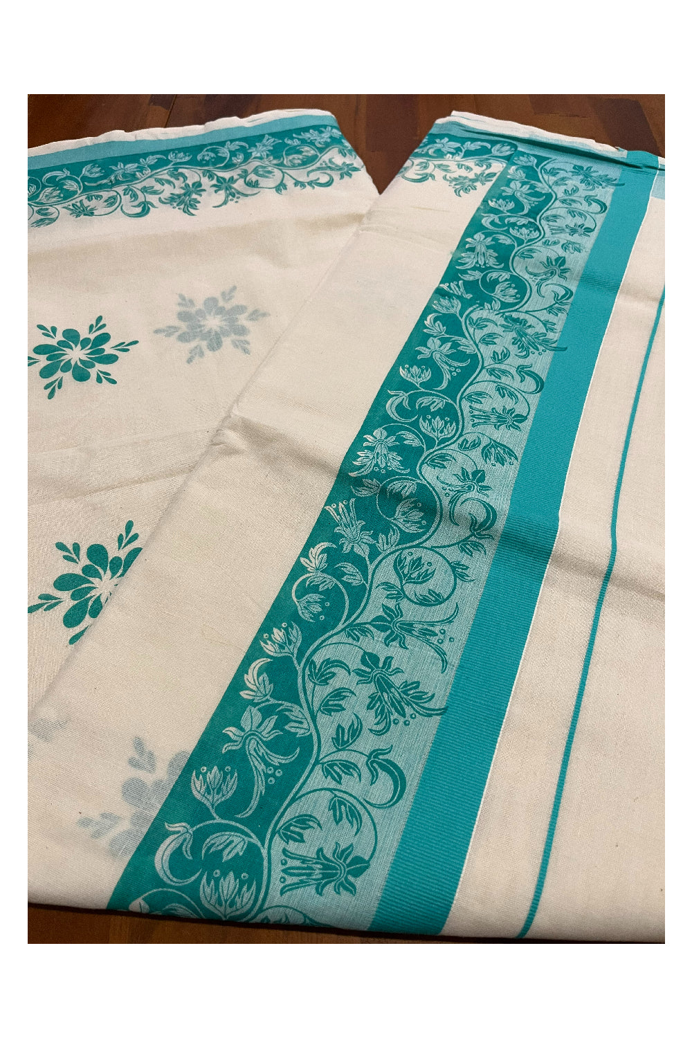 Kerala Cotton Saree with Turquoise Floral Block Prints on Border (Onam Saree 2023)