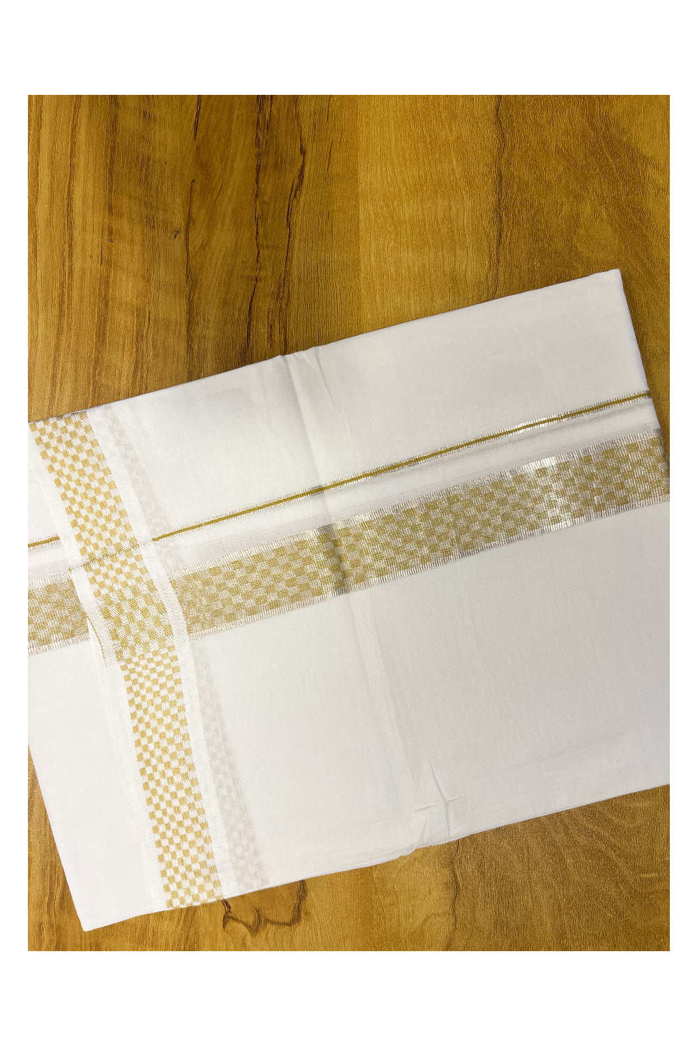 Pure White Cotton Double Mundu with Silver Kasavu and Olive Green Woven Border