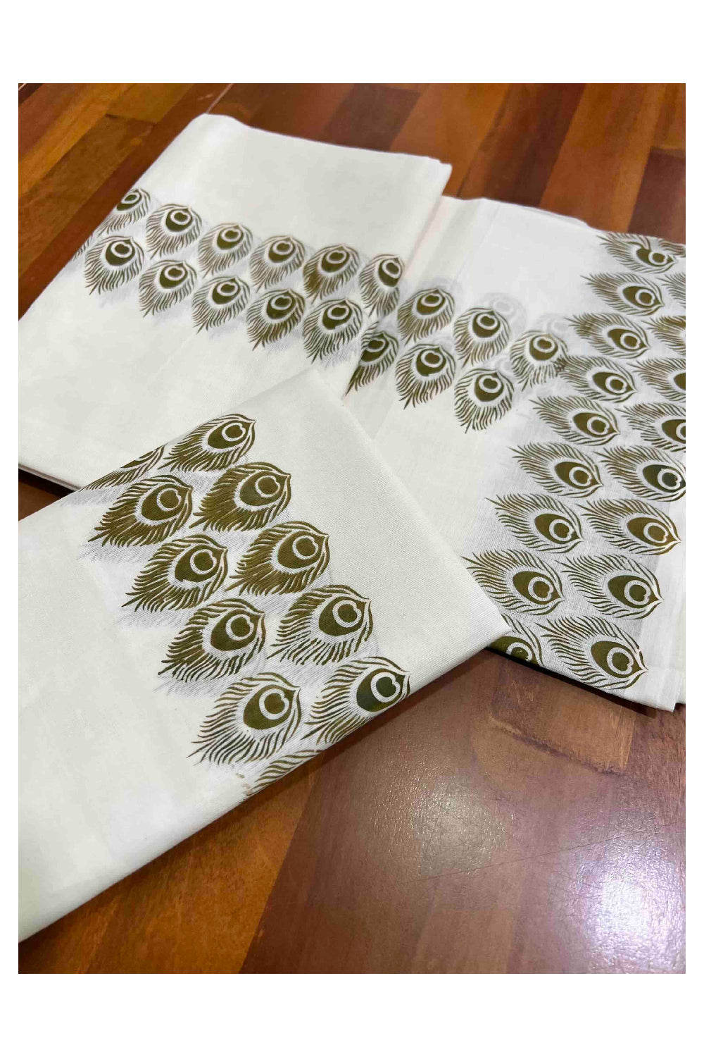 Kerala Cotton Mundum Neriyathum Single (Set Mundu) with Olive Green Feather Block Prints in Border 2.80 Mtrs
