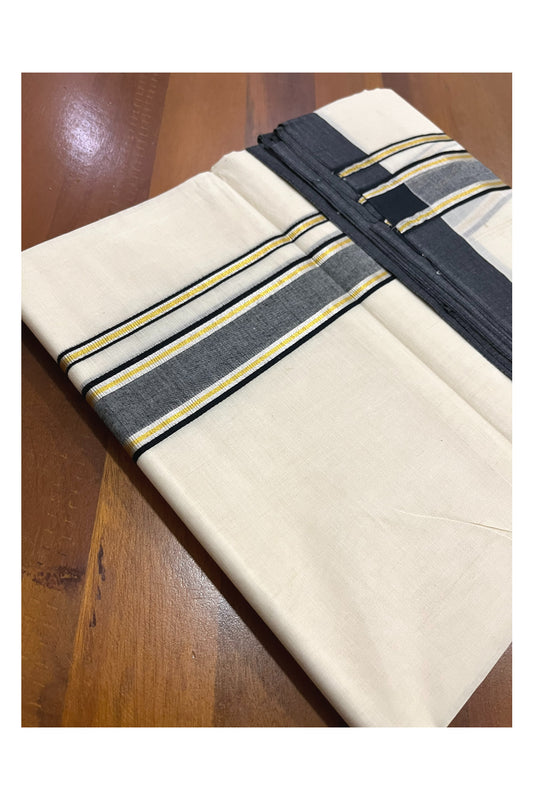 Pure Cotton 100x100 Double Mundu with Silver Golden Kasavu and Black Kara (Onam Mundu 2023)