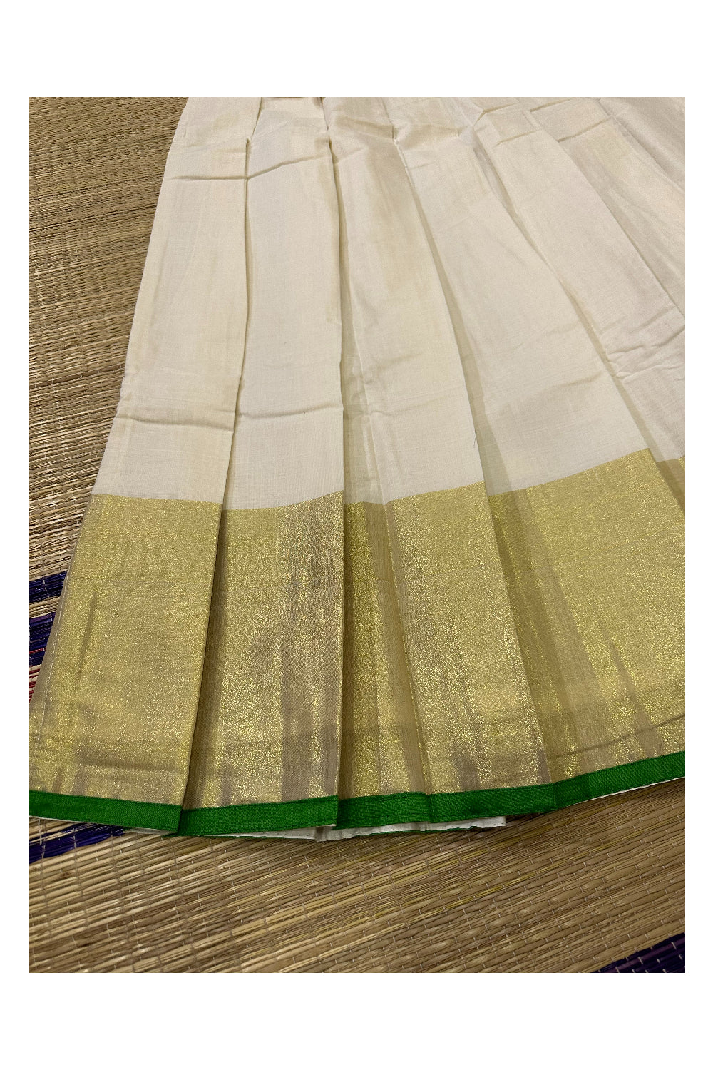 Semi Stitched Dhavani Set with Cotton Pavada and Light Green Woven Work Blouse Piece