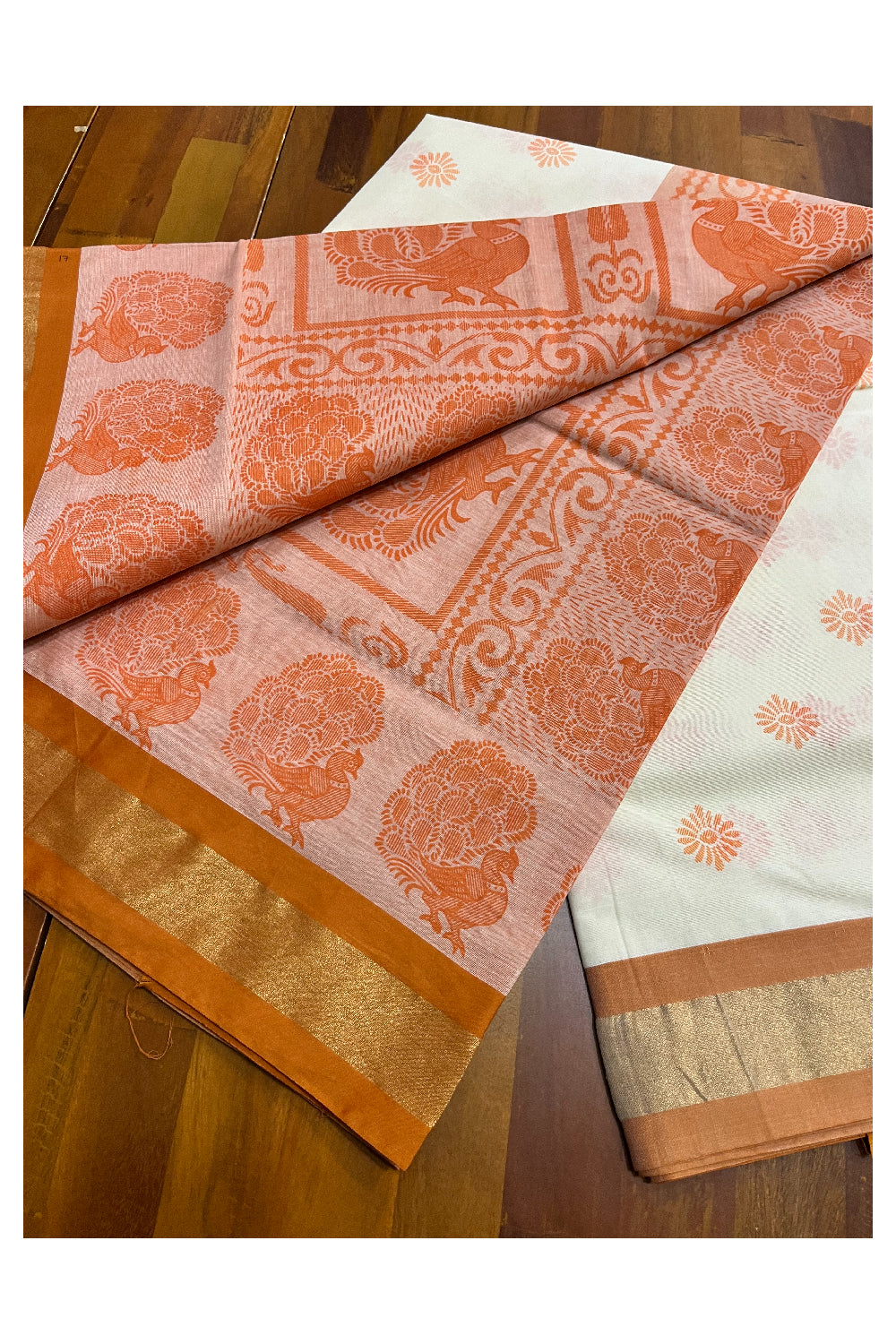 Pure Cotton Kerala Saree with Peach Block Print Designs and Kasavu Border (Vishu 2024 Collection)