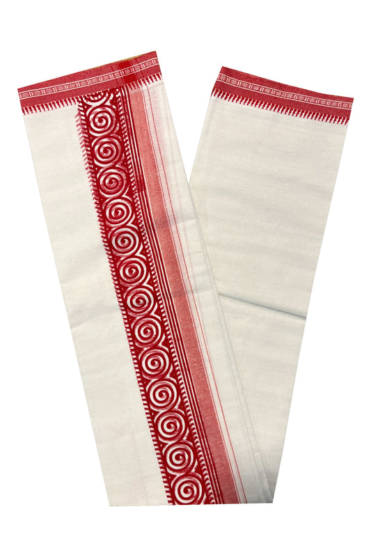 Southloom White with Red Printed Single Mundu / Otta Mundu / Lungi (South Indian Kerala Dhoti)