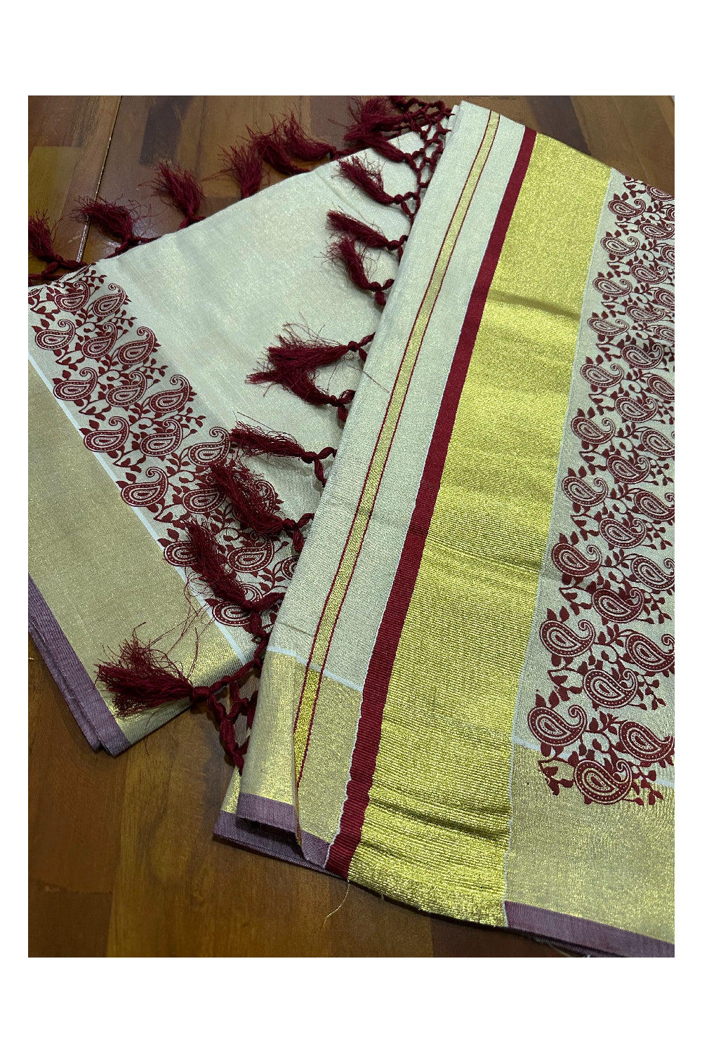 Kerala Tissue Kasavu Saree with Maroon Paisley Block Prints and Tassels Works on Pallu (Onam Saree 2023)