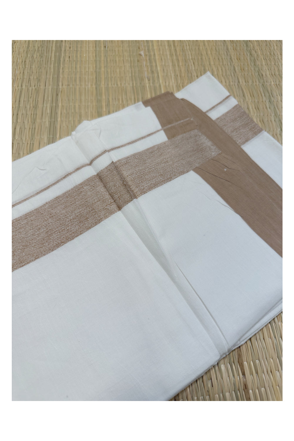 Pure White Cotton Double Mundu with Brown Kara (South Indian Kerala Dhoti)