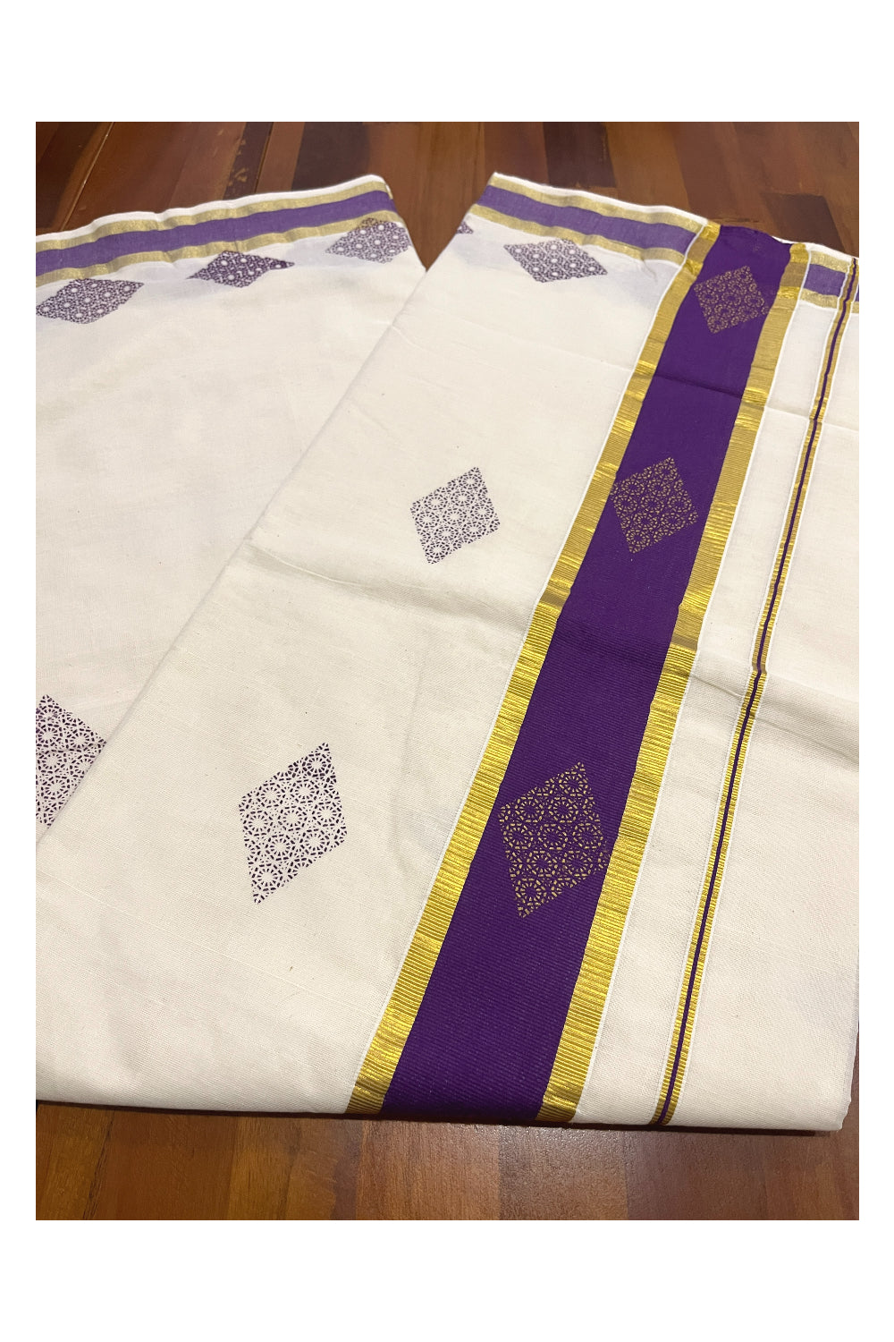 Pure Cotton Kerala Saree with Violet Block Prints and Kasavu Border