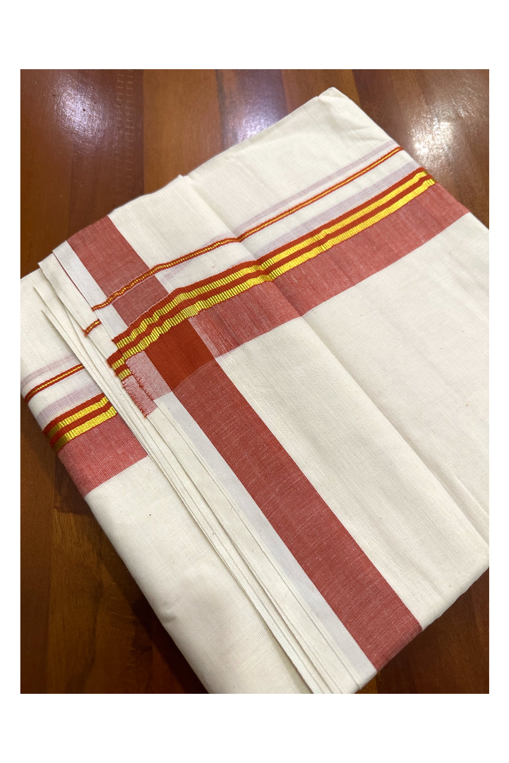 Kerala Cotton Double Mundu with Orange and Kasavu Border (Onam Mundu 2023)