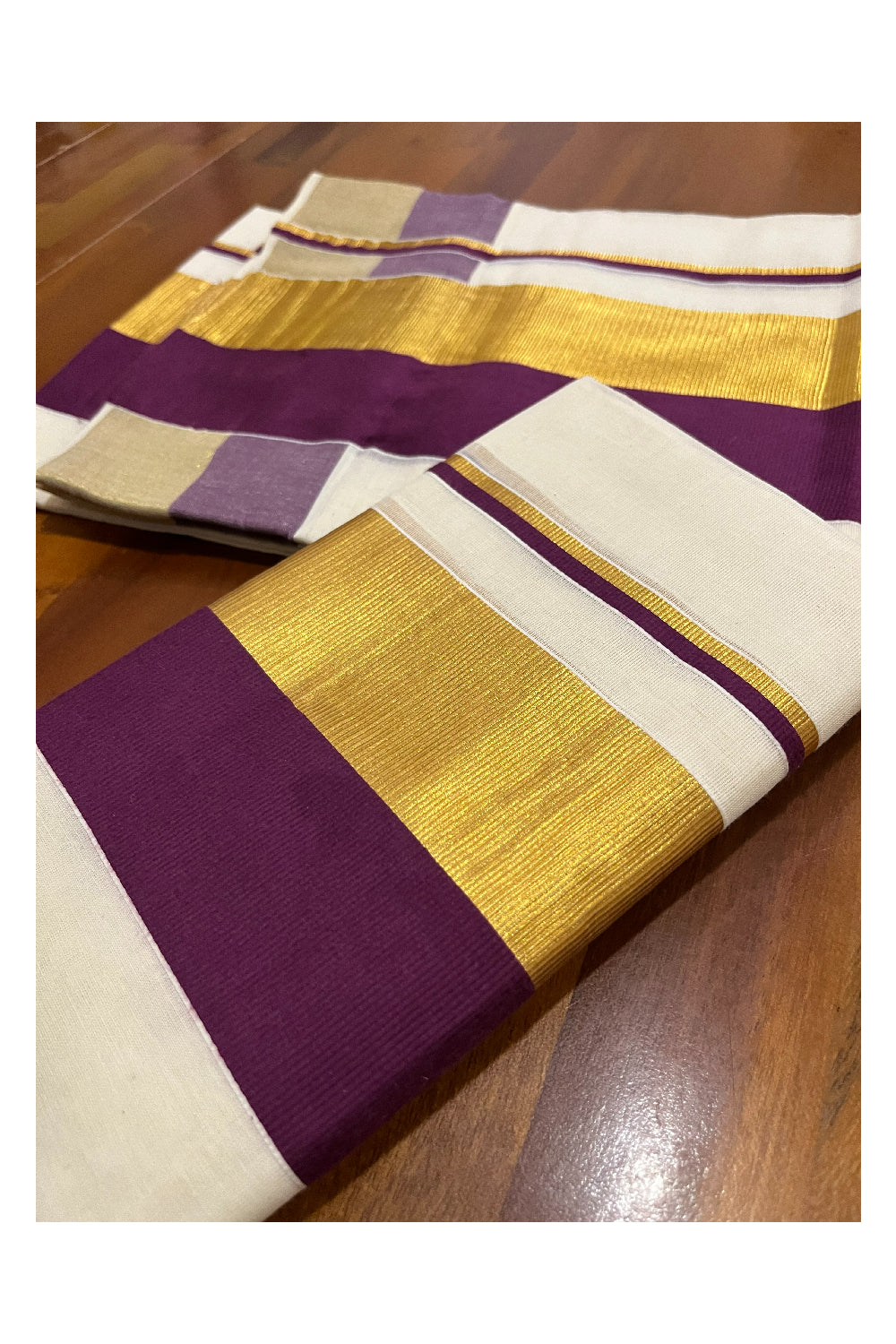 Pure Cotton Kerala Onam 2023 Set Mundu (Mundum Neriyathum) Single with Purple and Kasavu Border 2.80 Mtrs