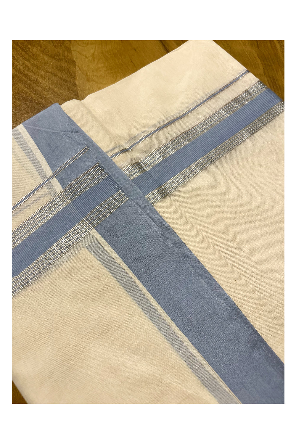 Pure Cotton Off White Double Mundu with Silver Kasavu and Blue Border (South Indian Kerala Dhoti)