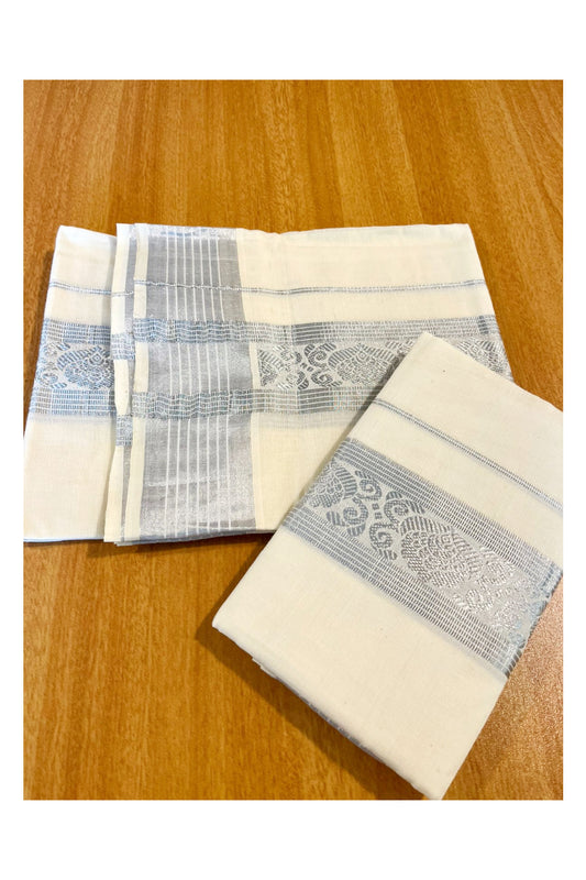 Kerala Pure Cotton Single Set Mundu  (Mundum Neriyathum) with Woven Designs on Silver Kasavu Border 2.80 Mtrs