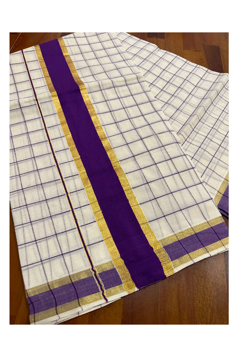 Kerala Woven Check Design Saree with Kasavu and Violet Border (Onam Saree 2023)