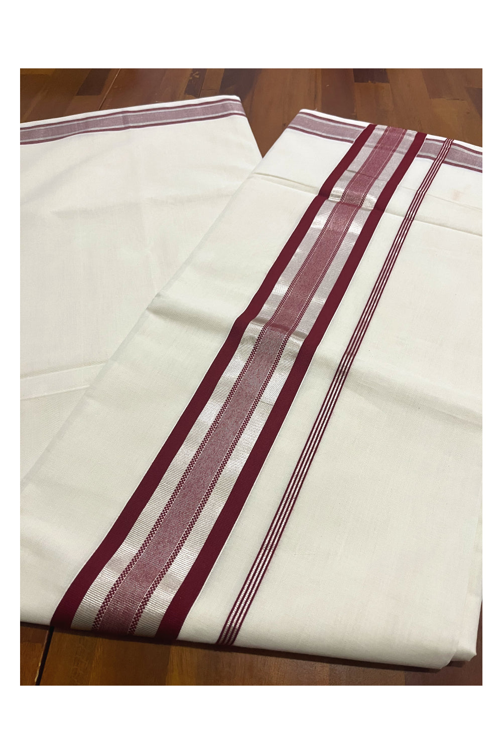 Southloom Premium Handloom Cotton Saree with Silver Kasavu and Maroon Border