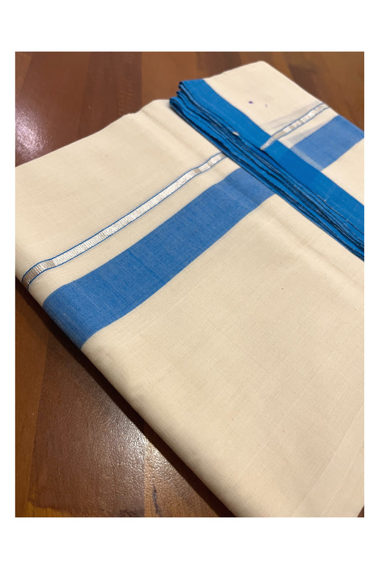 Southloom Premium Balaramapuram Unakkupaavu Handloom Mundu with Blue and Silver Kasavu Border (South Indian Kerala Dhoti)