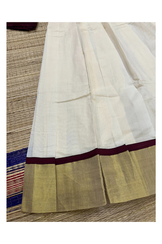 Southloom Semi Stitched Cotton Dhavani Set with Kasavu Border and Brown Blouse Piece