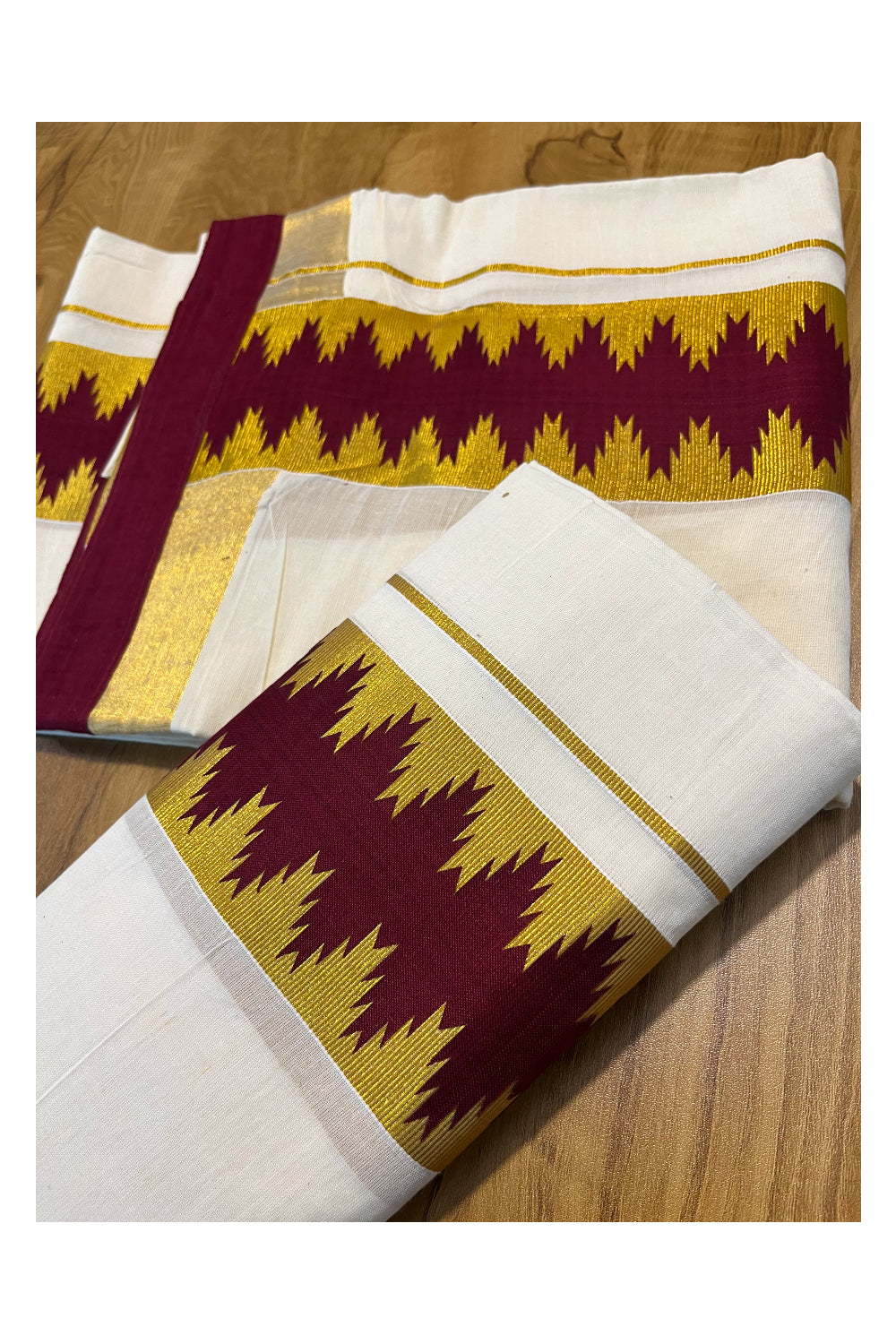 Kerala Cotton Single Set Mundu (Mundum Neriyathum) with Kasav Maroon Temple Applique Work Border 2.80Mtrs