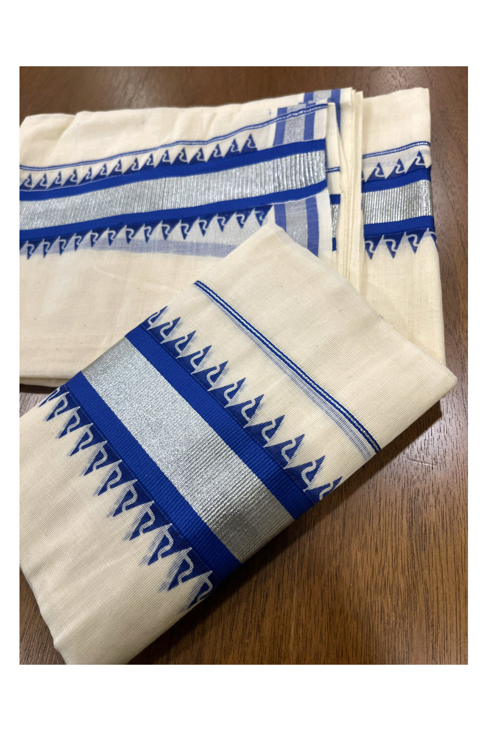 Cotton Single Set Mundu (Mundu Neriyathum) with Blue Temple Block Prints and Silver Kasavu Border