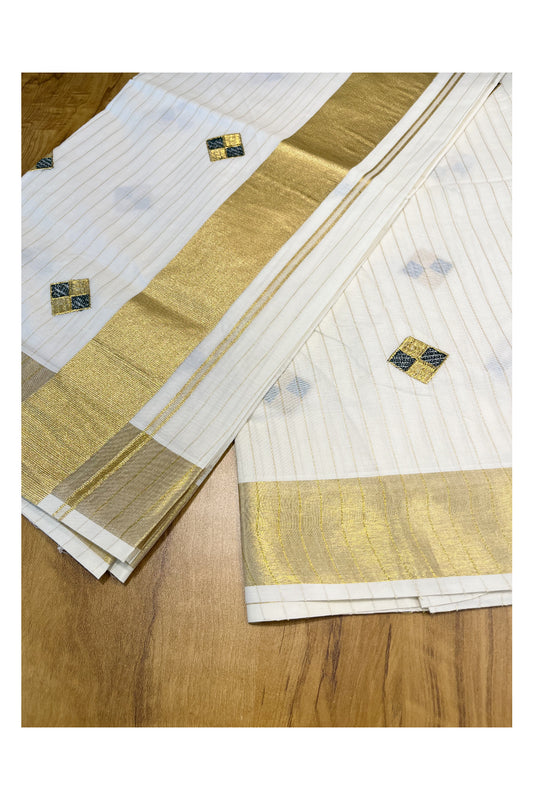 Kerala Cotton Kasavu Lines Saree with Green and Golden Diagonal Embroidery Work