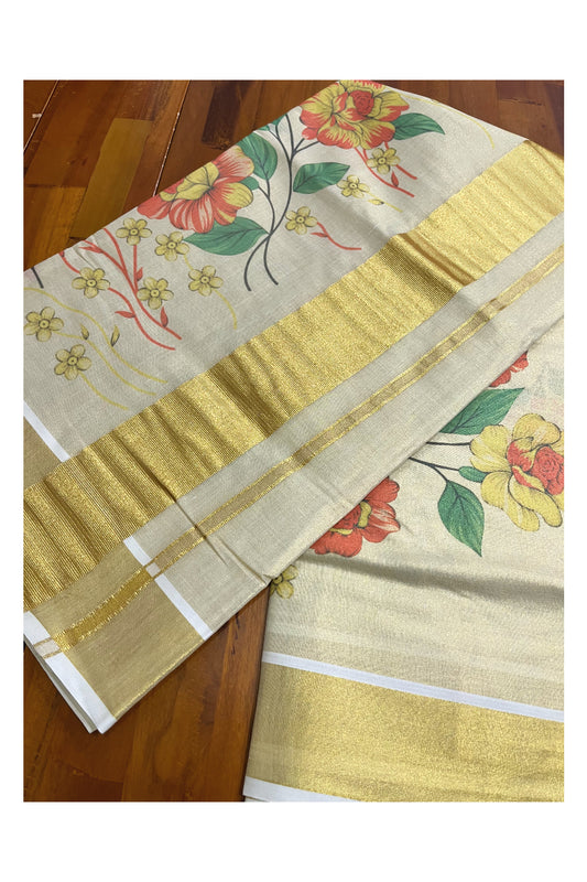 Kerala Tissue Kasavu Saree with Red And Yellow Floral Prints on Body (Vishu 2024 Collection)