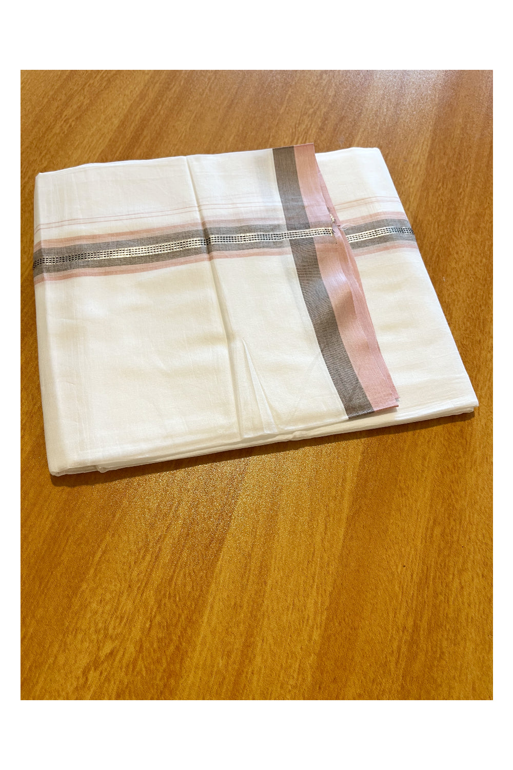 Pure White Cotton Double Mundu with Pink Border (South Indian Dhoti)