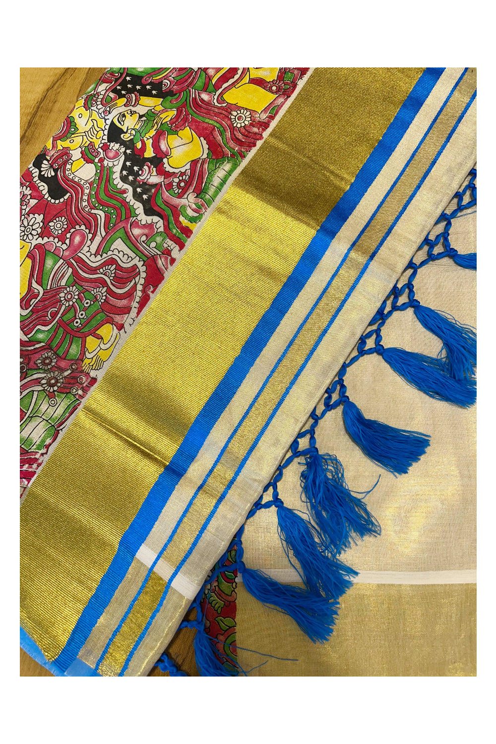 Kerala Tissue Kasavu Saree with Mural Art Printed Design and Blue Border