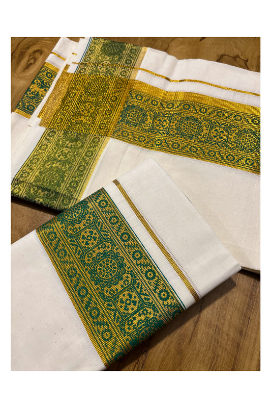 Kerala Pure Cotton Set Mundu Single (Mundum Neriyathum) with Green Block Prints on Kasavu Border 2.80Mtrs(Onam 2024 Collection)