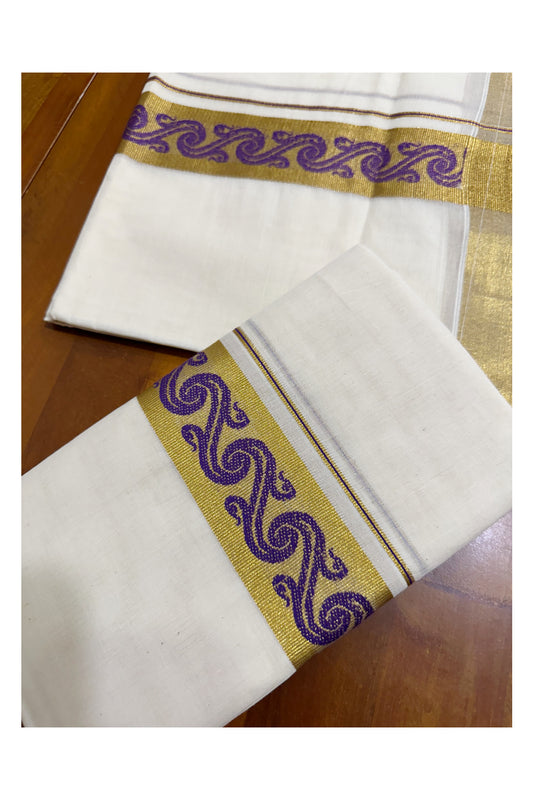 Kerala Pure Cotton Single Set Mundu (Mundum Neriyathum) with Violet Block Prints on Kasavu Border-2.80Mtrs