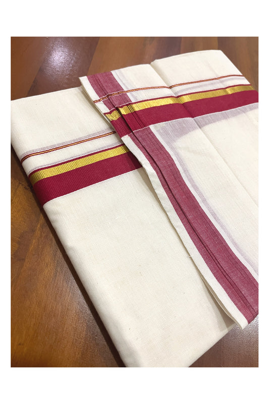 Pure Cotton Kerala Double Mundu with Kasavu and Maroon Kara (South Indian Kerala Dhoti)