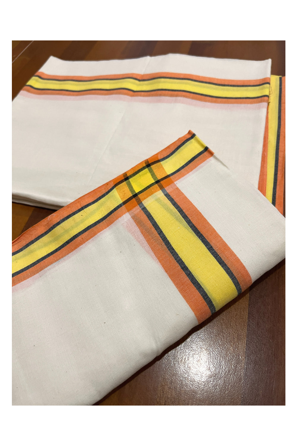 Kerala Cotton Mulloth Single Set Mundu (Mundum Neriyathum) with Yellow and Orange Border (Extra Soft Cotton)