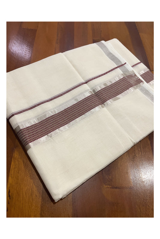 Southloom Premium Handloom Cotton Double Mundu with Silver Kasavu and Maroon Woven Border (South Indian Kerala Dhoti)