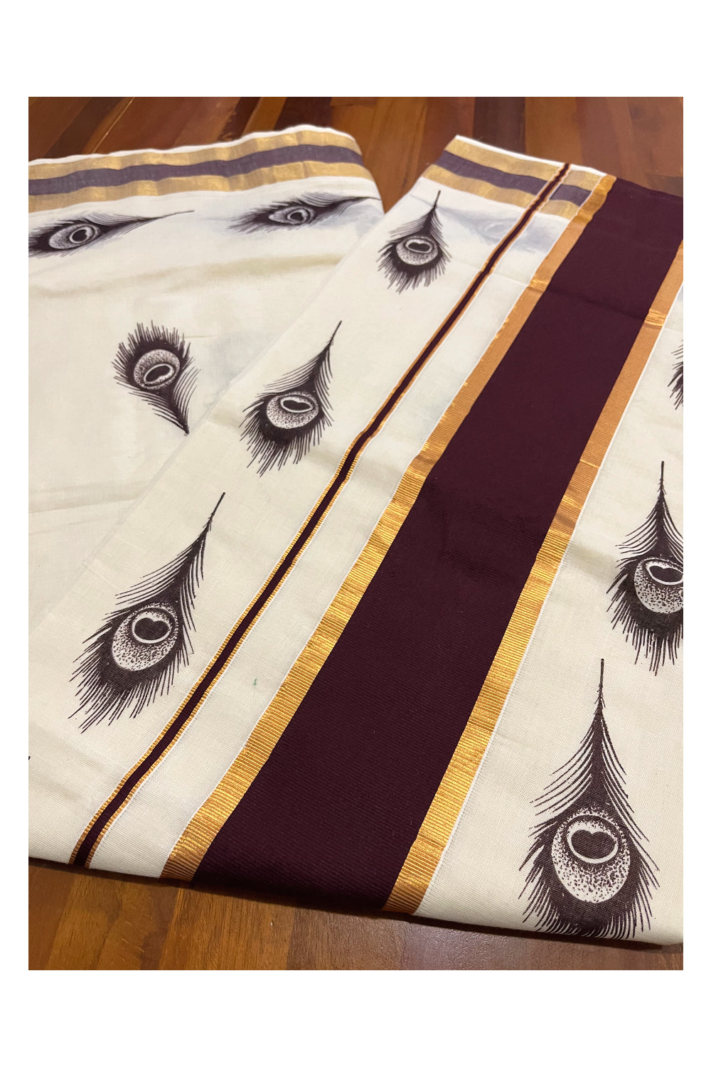 Pure Cotton Kerala Saree with Brown Feather Block Printed Kasavu Border