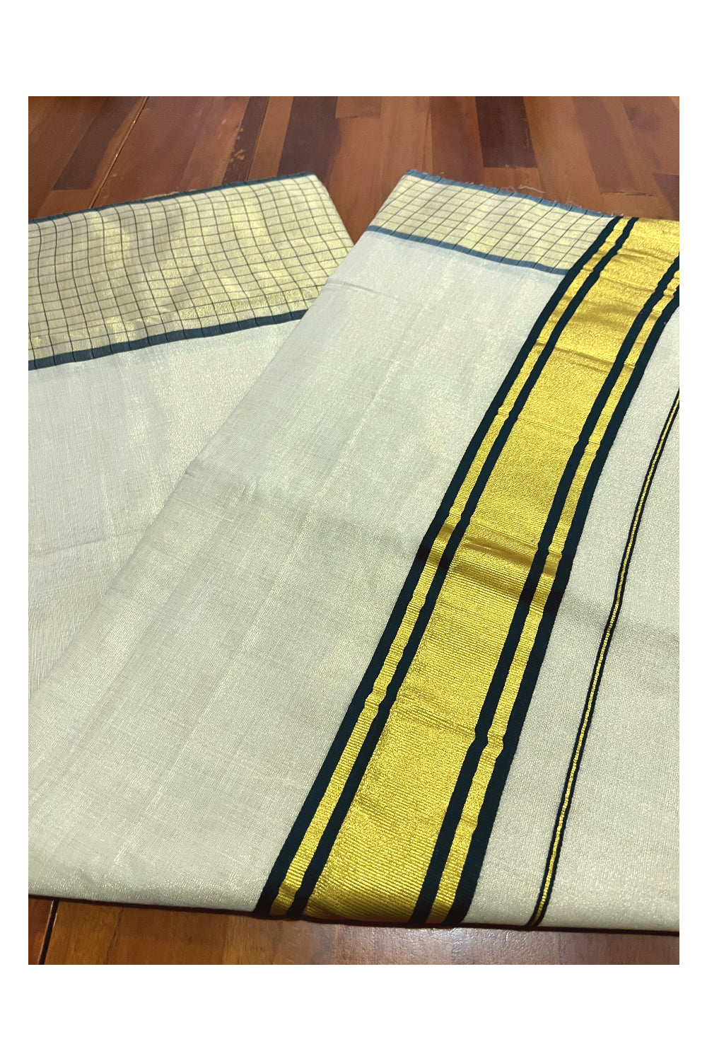 Kerala Tissue Kasavu Saree with Dark Green Check Design Border