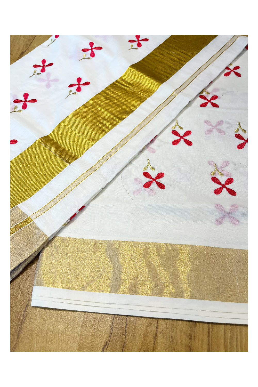 Pure Cotton Kerala Kasavu Saree with Red Floral Embroidery Designs