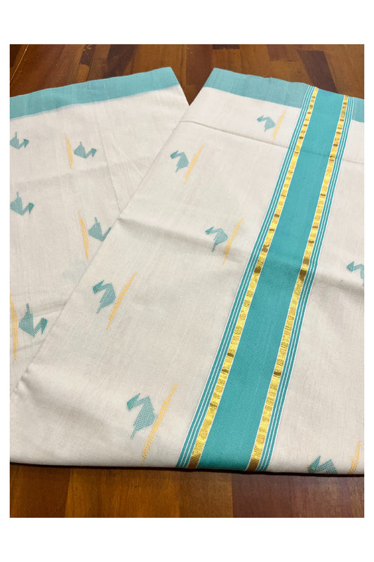 Southloom Premium Balaramapuram Unakkupaavu Handloom Cotton Butta Saree with Turquoise and Kasavu Border (Vishu 2024 Collection)