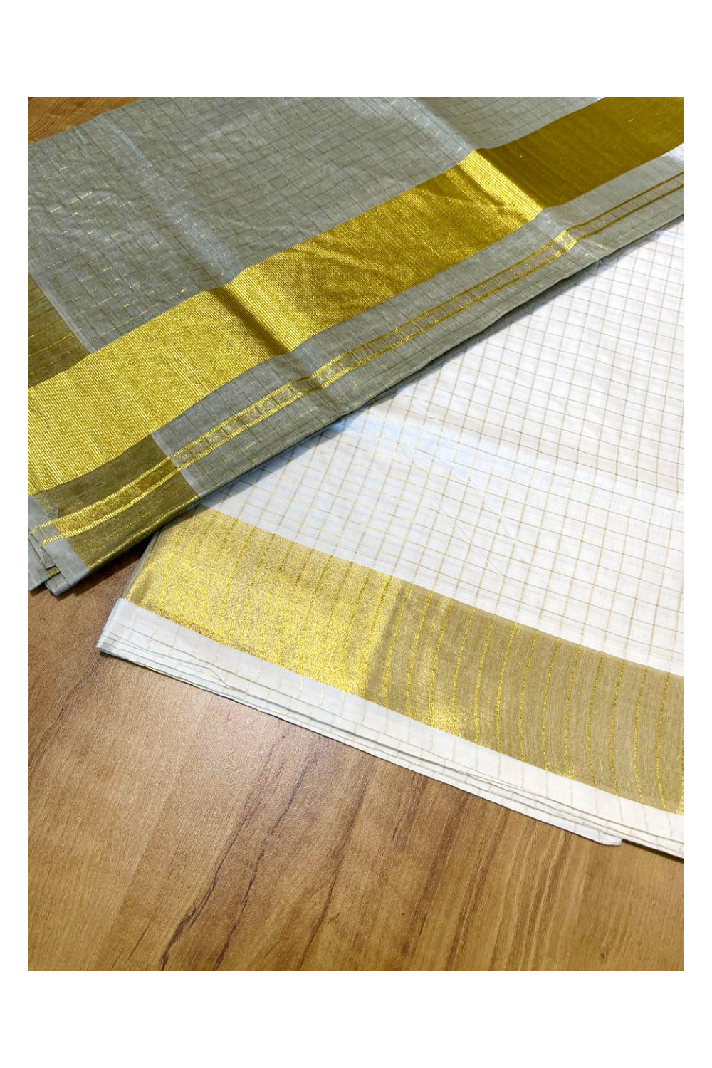 Southloom Cotton Tie & Dye - Half & Half Green Design Saree with Kasavu Checks Across Body